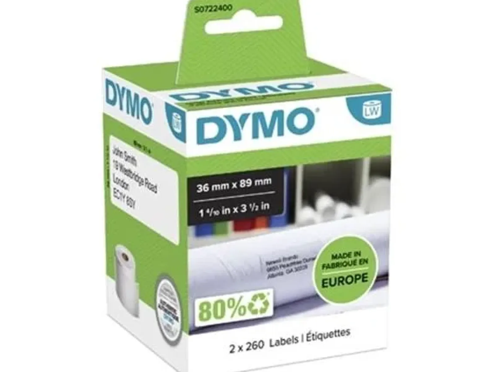Dymo etiketten LabelWriter ft 89 x 36 mm, wit (2x 260 stuks) Clearance