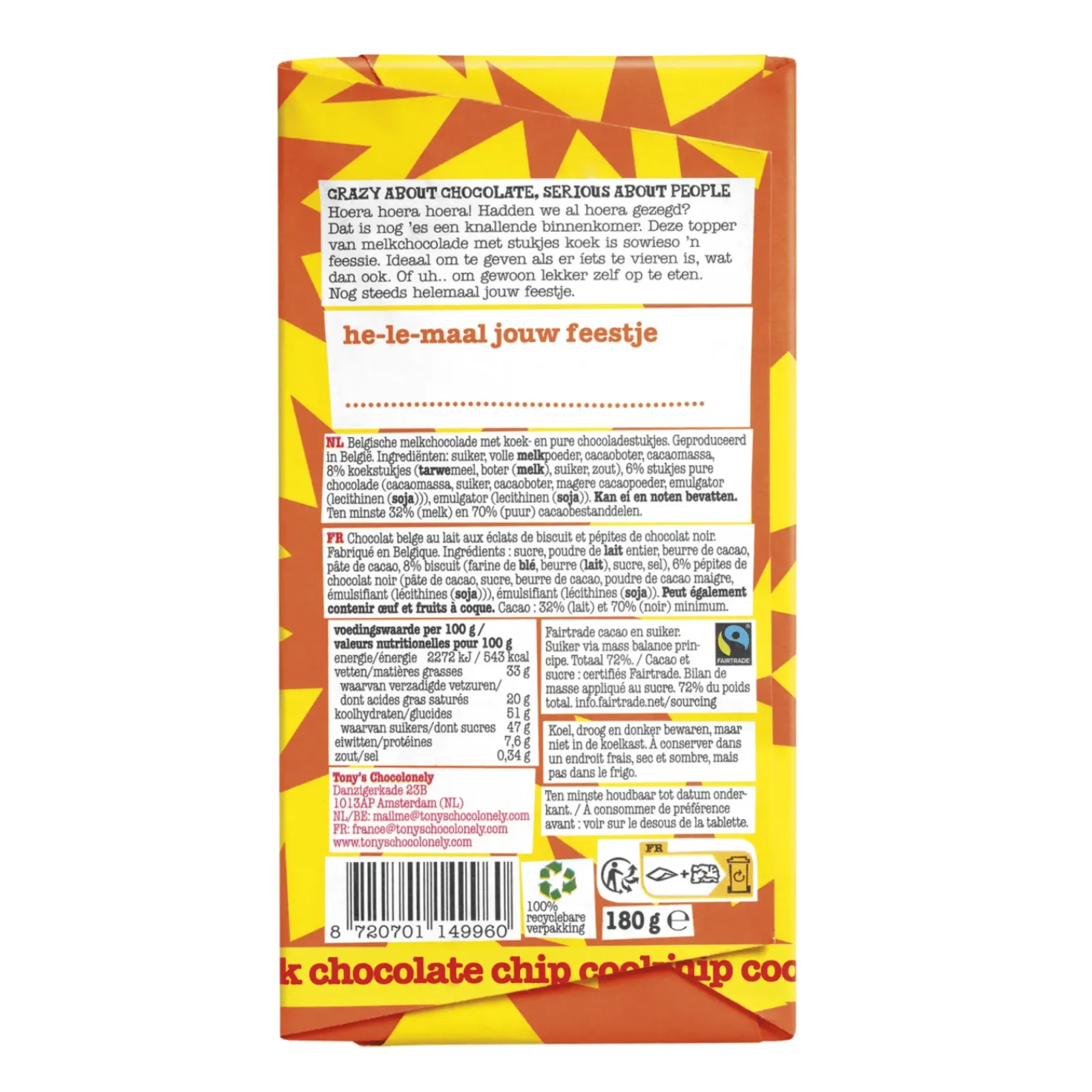 Tony's Chocolonely Tony’s Chocolonely Reep Hoera Melk Chocolate Chip Cookie (15x 180gr) Sale