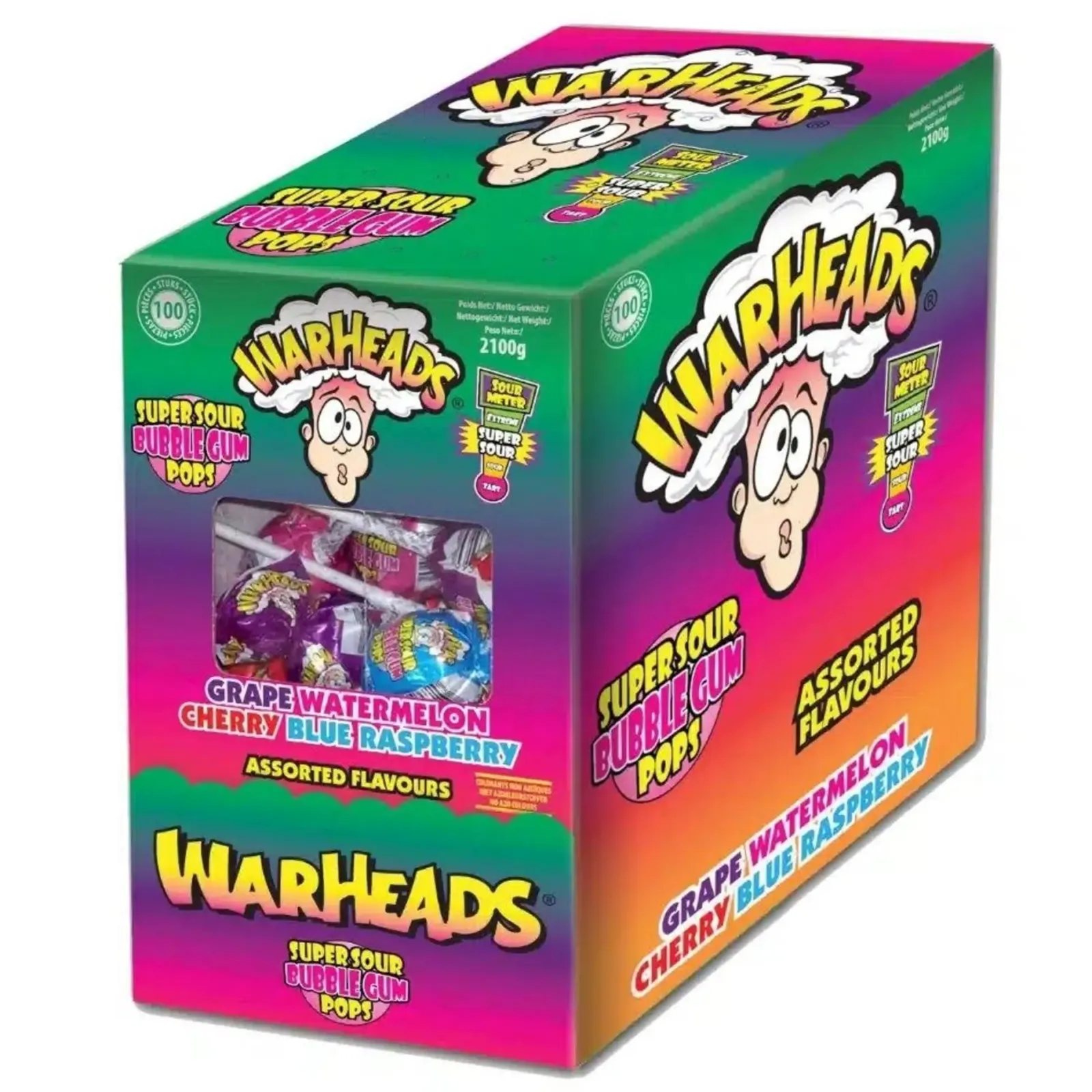 Warheads Super Sour Bubblegum Pops (100 stuks) New